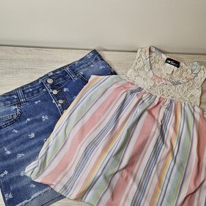 Girls Wonder Nation Daisy Denim Shorts 18 Green Pink Striped Tie Waist Top 14/16